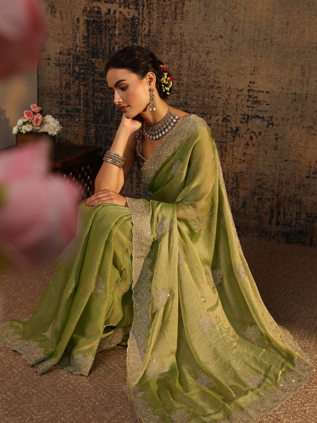 Green Ethnic Motifs Embellished Tissue Saree With Unstitched Blouse Piece