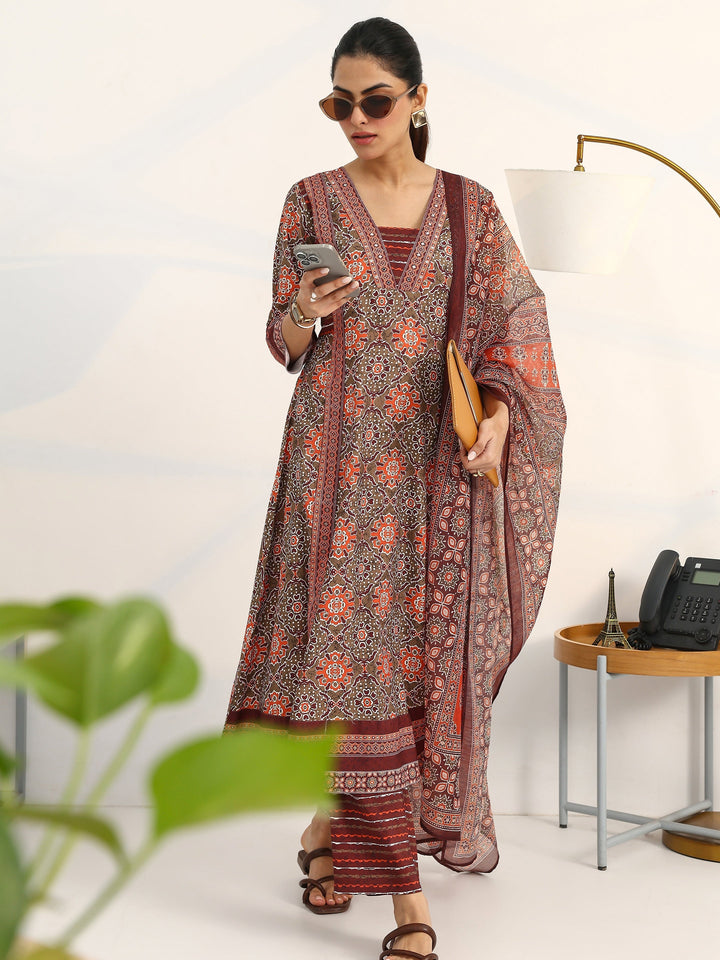 Green Ethnic Motifs Printed Cotton Blend A-Line Suit Set With Dupatta