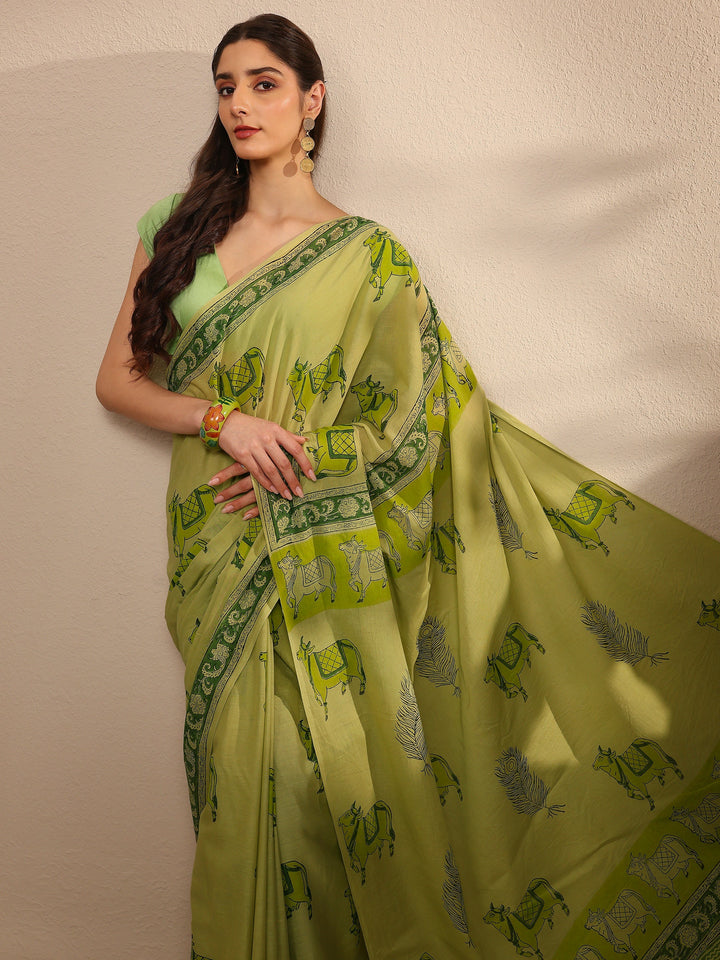 Green Ethnic Motifs Printed Cotton Blend Saree With Unstitched Blouse Piece