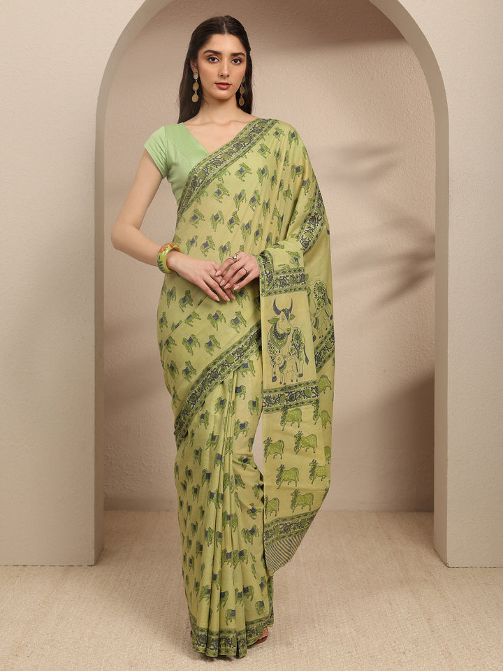 Green Ethnic Motifs Printed Cotton Blend Saree With Unstitched Blouse Piece
