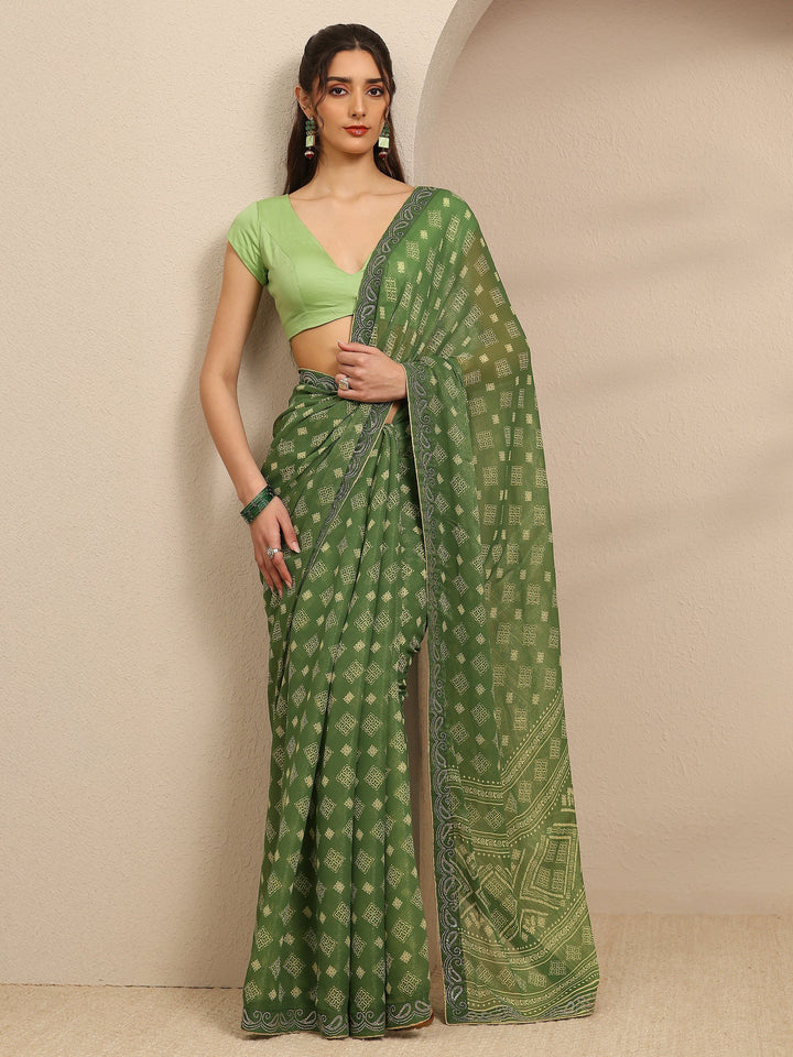 Green Ethnic Motifs Printed Silk Blend Saree With Unstitched Blouse Piece