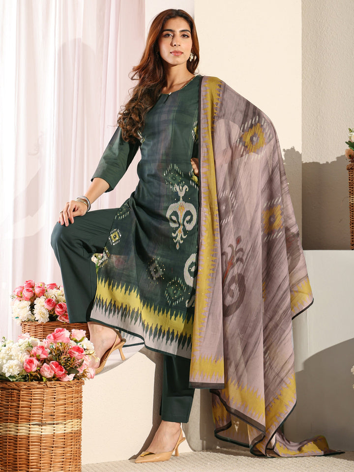Green Ethnic Printed Cotton Blend Straight Suit Set with Dupatta