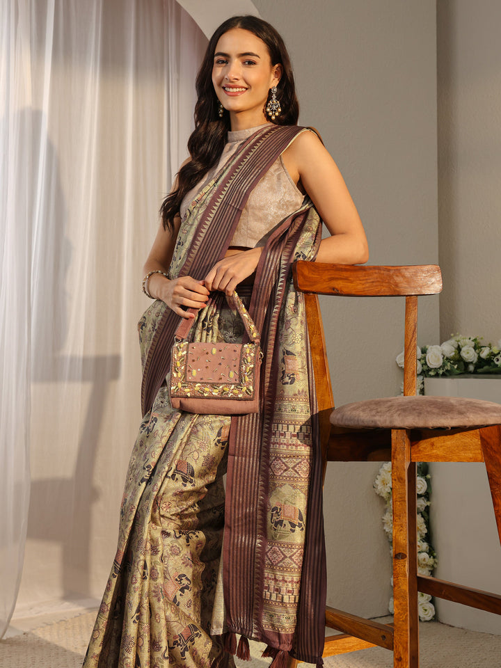 Green Ethnic Printed Silk Blend Saree With Unstitched Blouse Piece