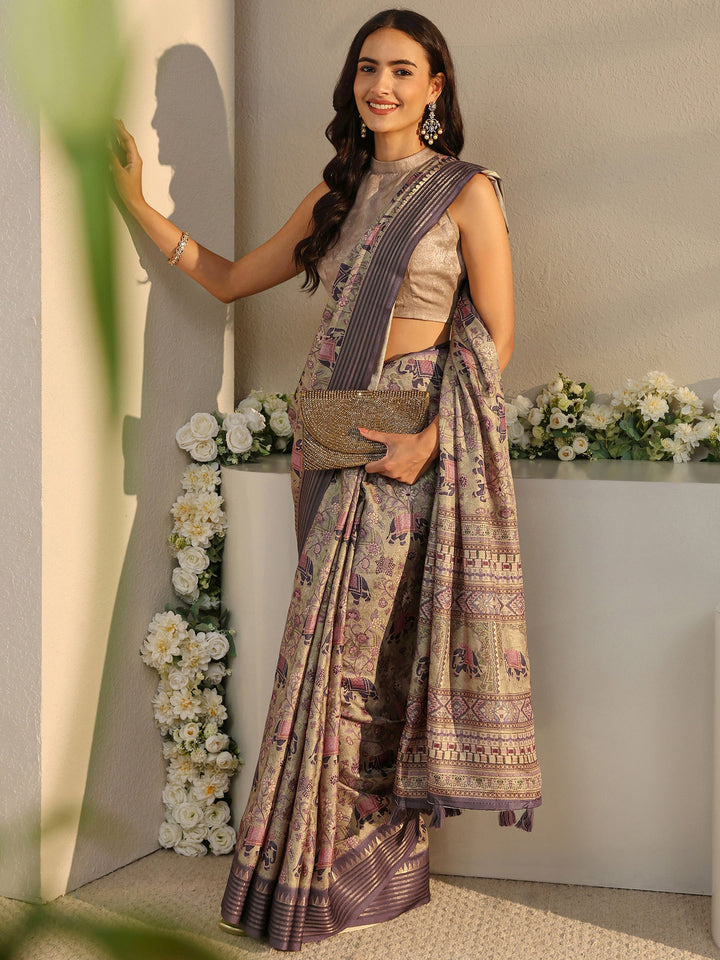 Libas Green Ethnic Printed Silk Blend Saree With Unstitched Blouse Piece