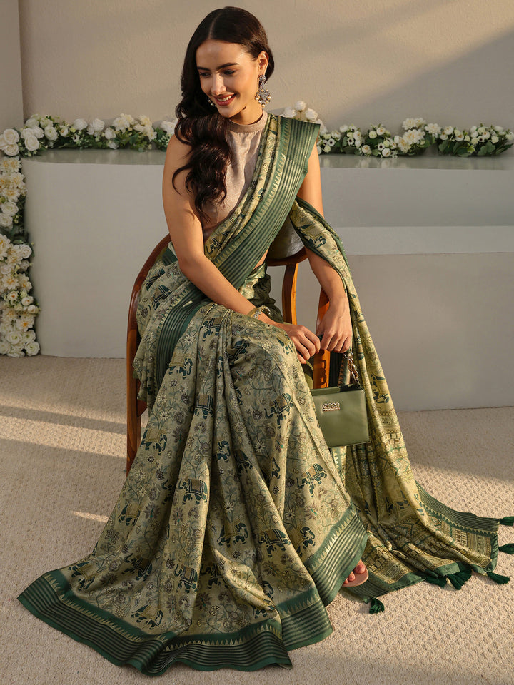 Green Ethnic Printed Silk Blend Saree With Unstitched Blouse Piece