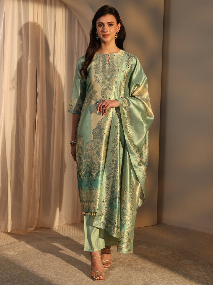 Green Ethnic Printed Silk Blend Straight Suit Set With Dupatta