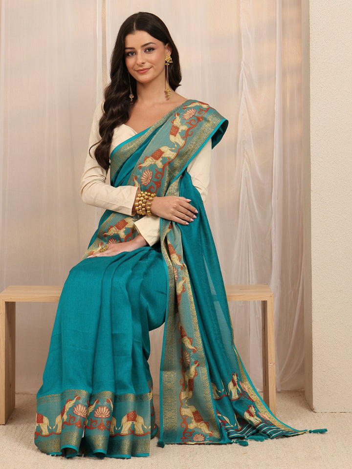 Green Ethnic Silk Blend Saree 
With Unstitched Blouse Piece