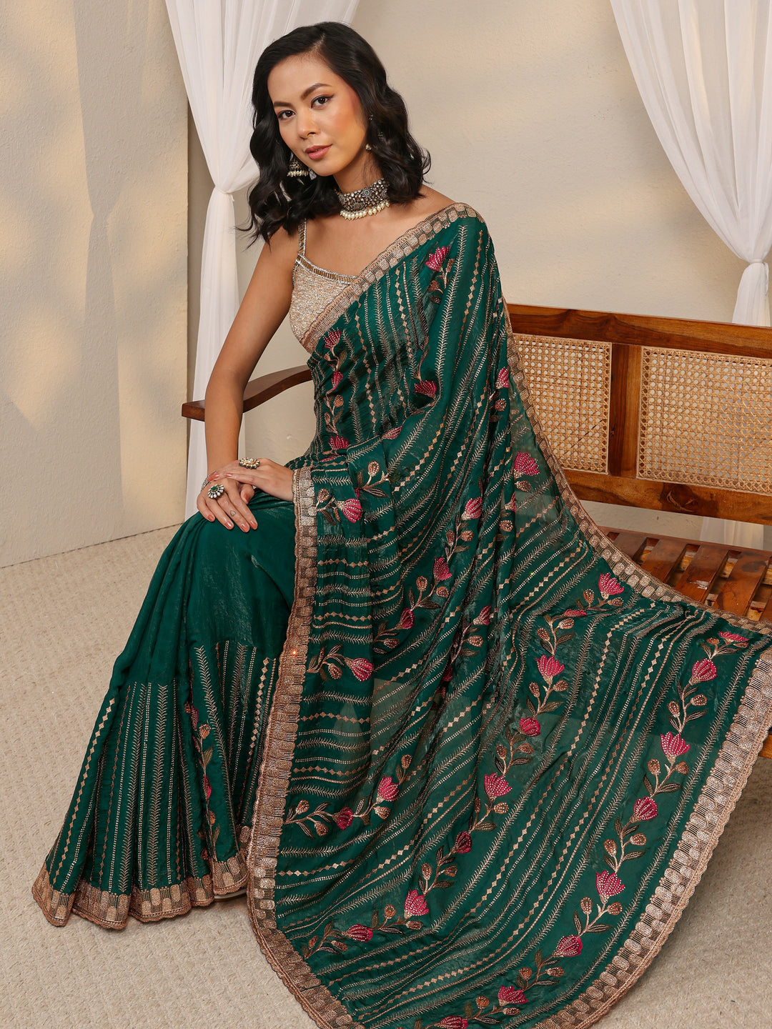 Green Floral Embellished Tissue Saree With Unstitched Blouse Piece
