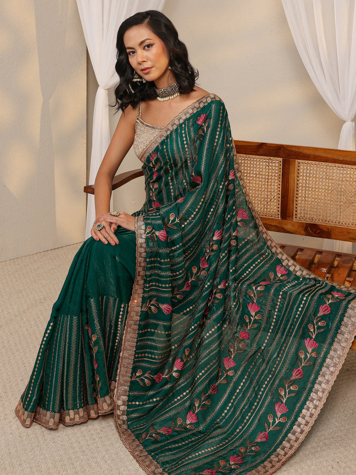 Green Floral Embellished Tissue Saree With Unstitched Blouse Piece