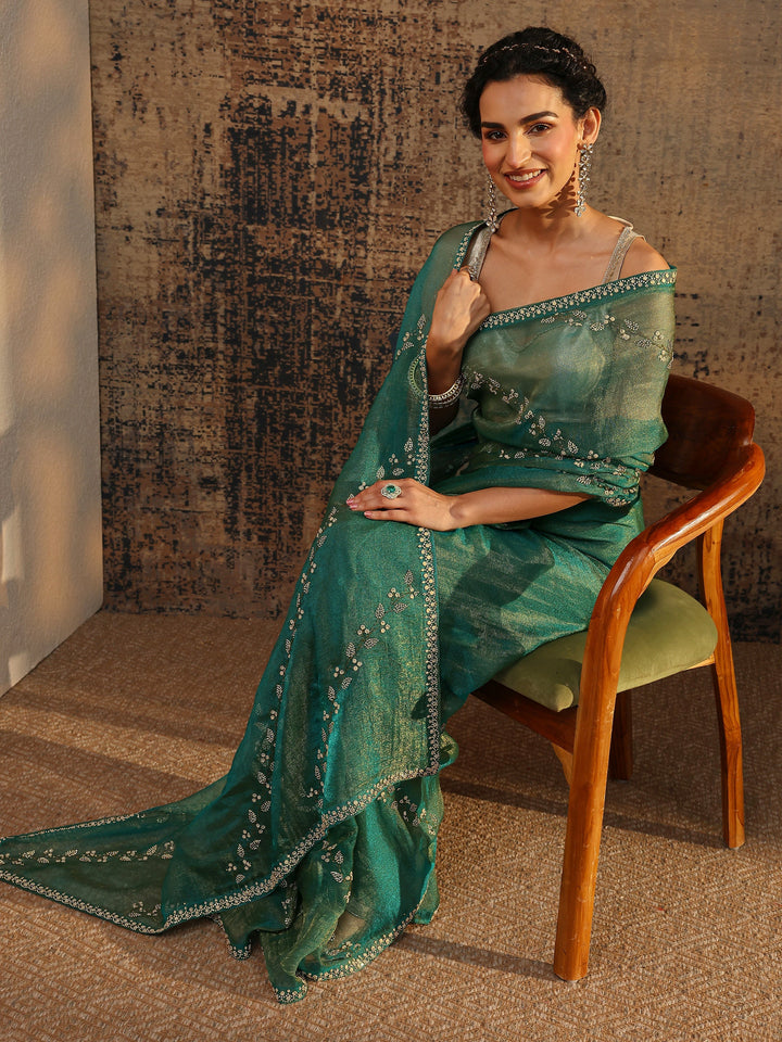 Green Floral Embellished Tissue Saree With Unstitched Blouse Piece