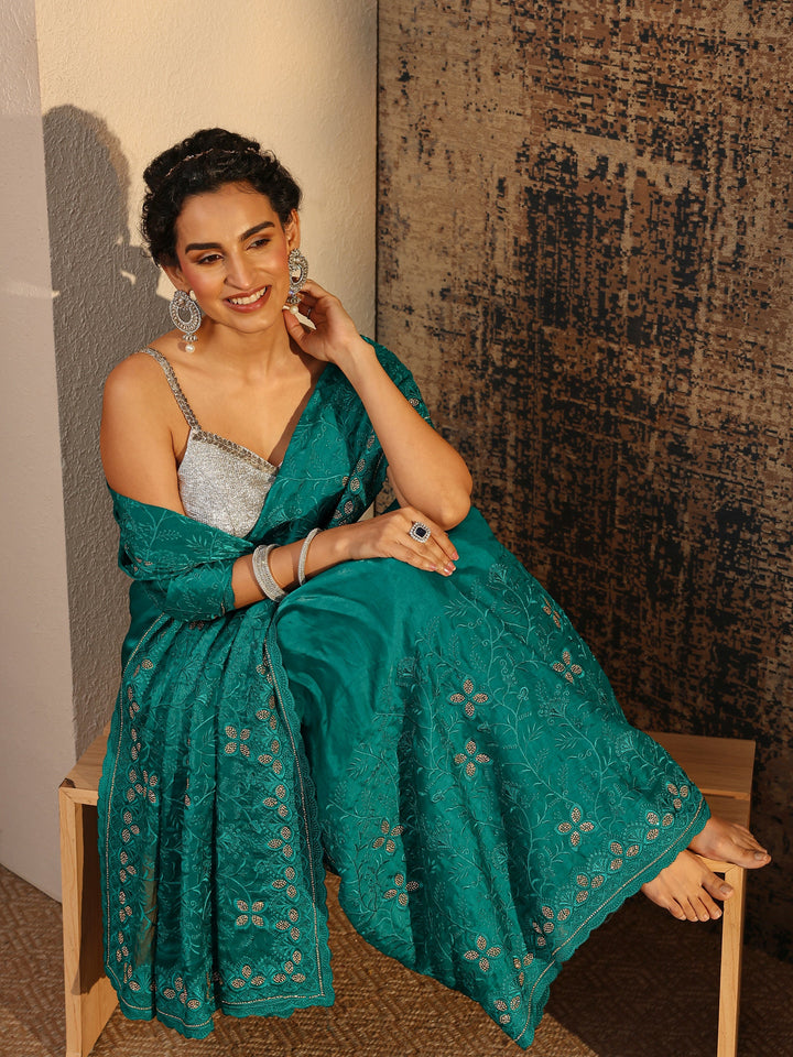 Green Floral Embellished Tissue Saree With Unstitched Blouse Piece