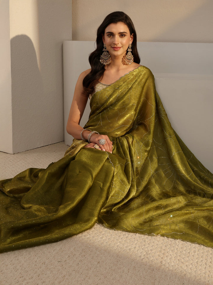 Libas Green Floral Embellished Tissue Saree With Unstitched Blouse Piece