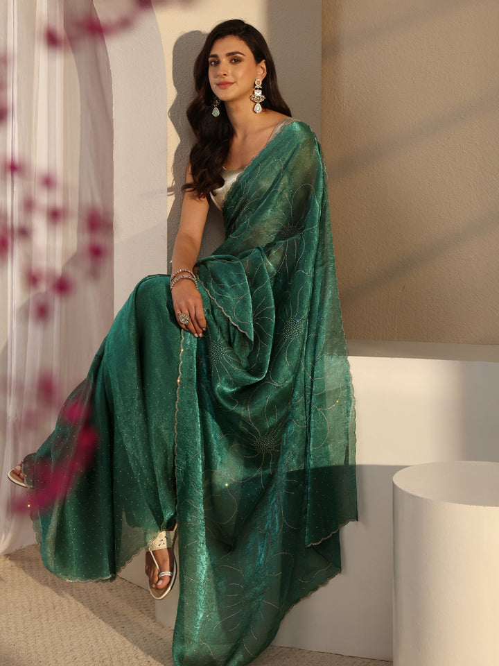 Green Floral Embellished Tissue Saree With Unstitched Blouse Piece