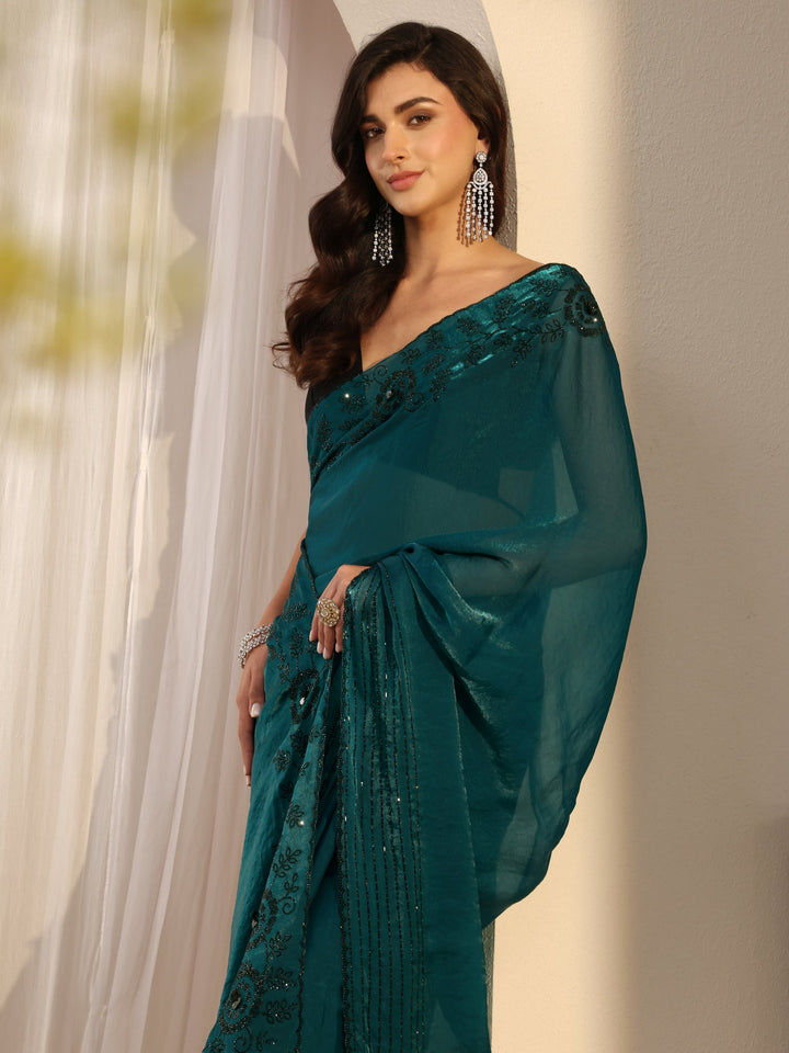 Green Floral Embellished Tissue Saree With Unstitched Blouse Piece
