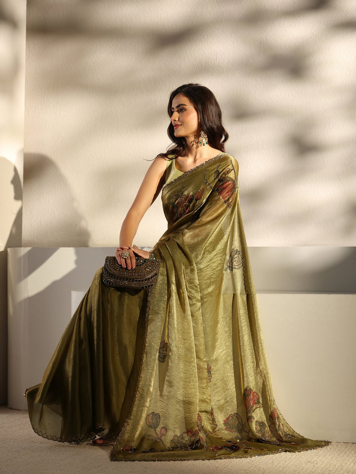 Libas Green Floral Embellished Tissue Saree With Unstitched Blouse Piece