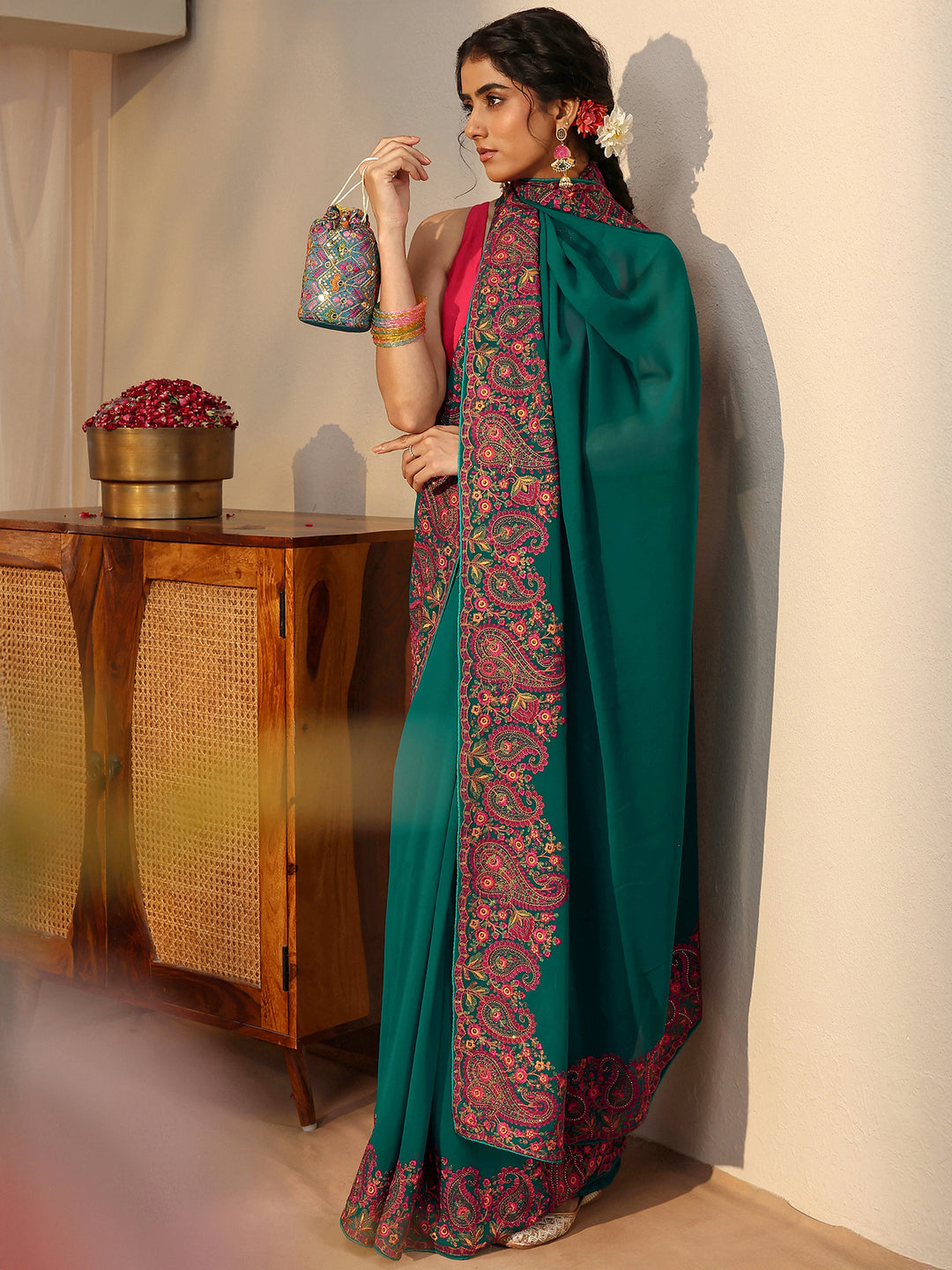 Green Floral Embroidered Border Georgette Saree