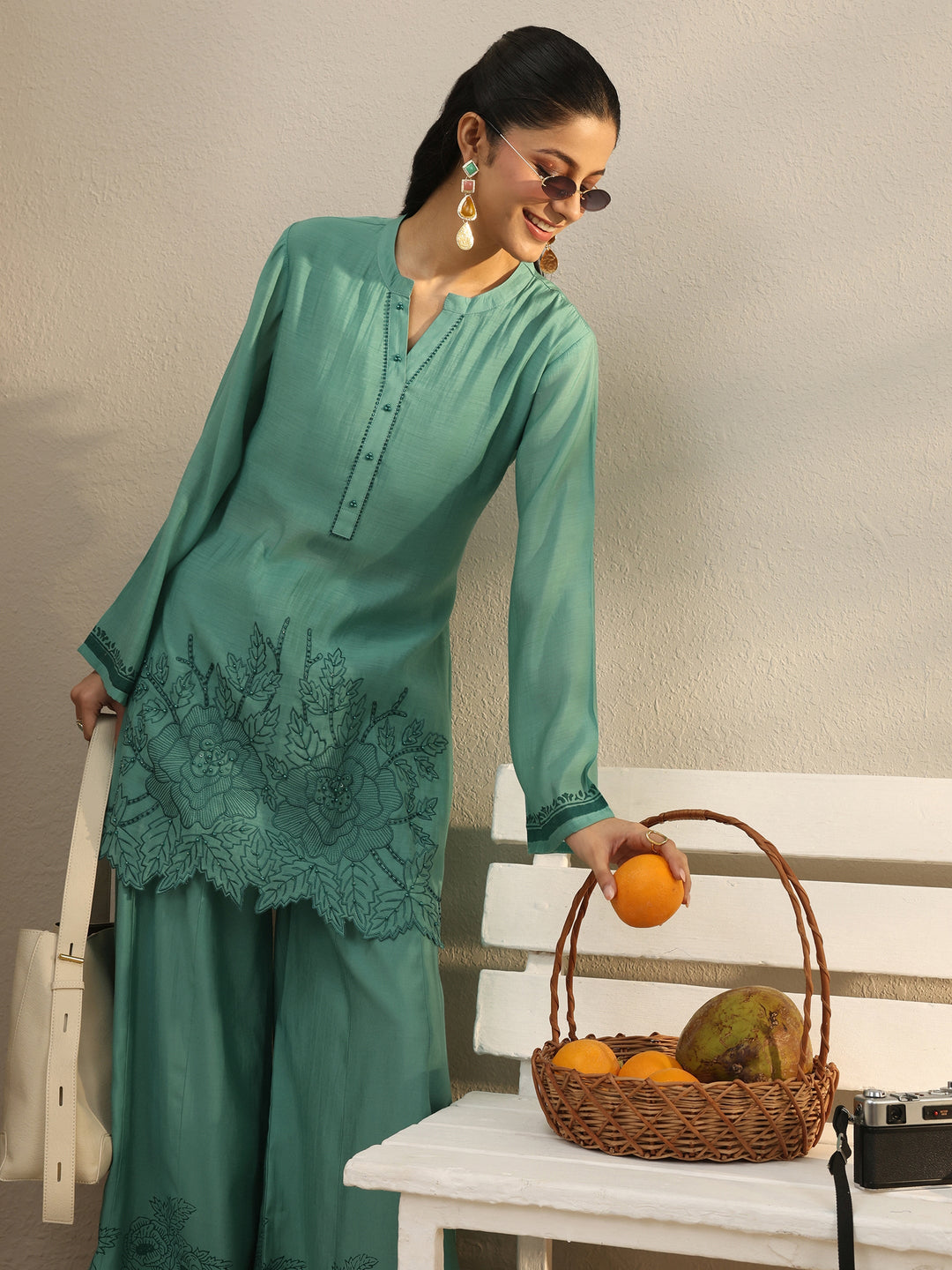 Green Floral Embroidered Chanderi Silk Co-Ord Set