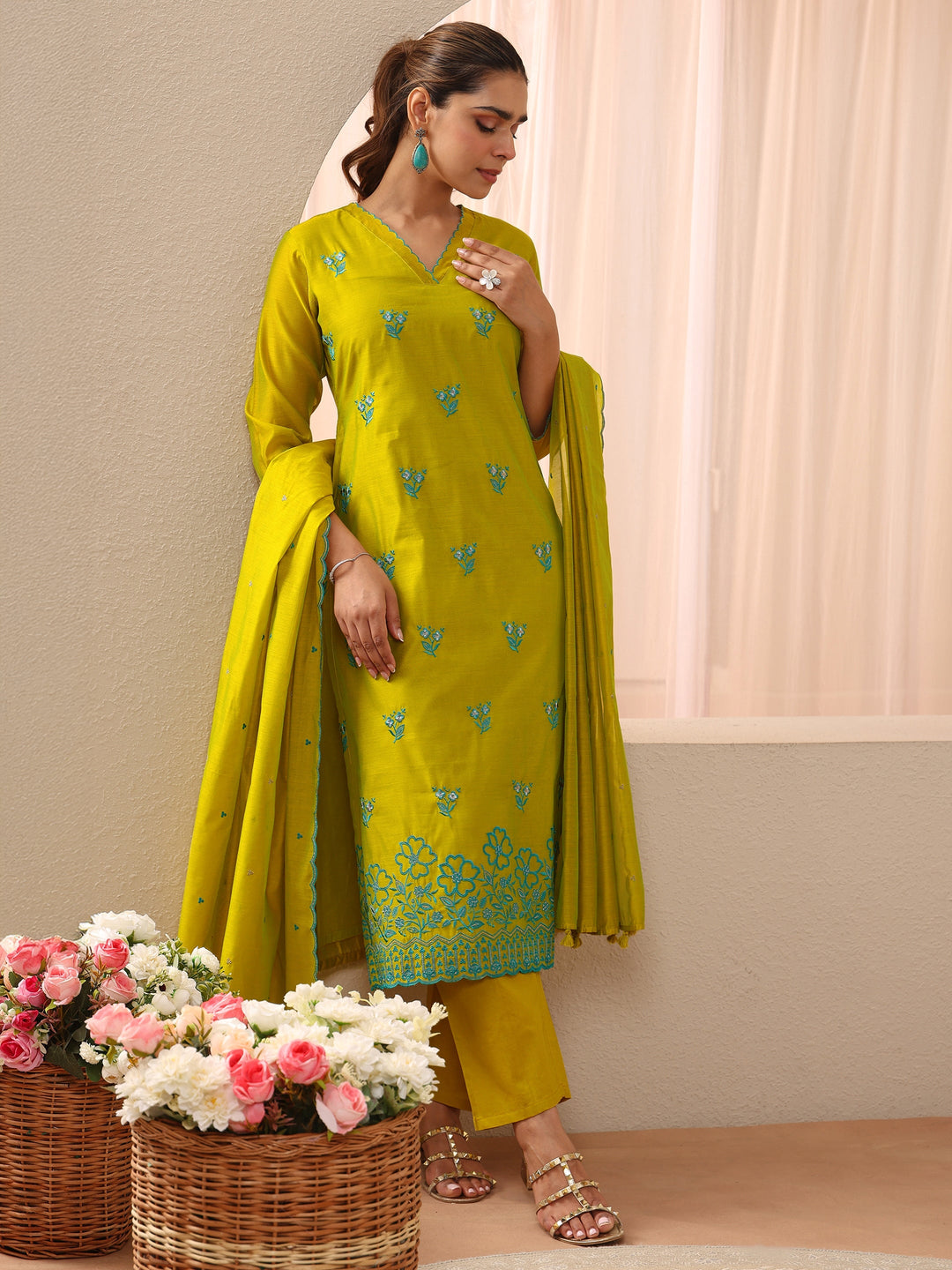 Green Floral Embroidered Chanderi Silk Straight Suit Set