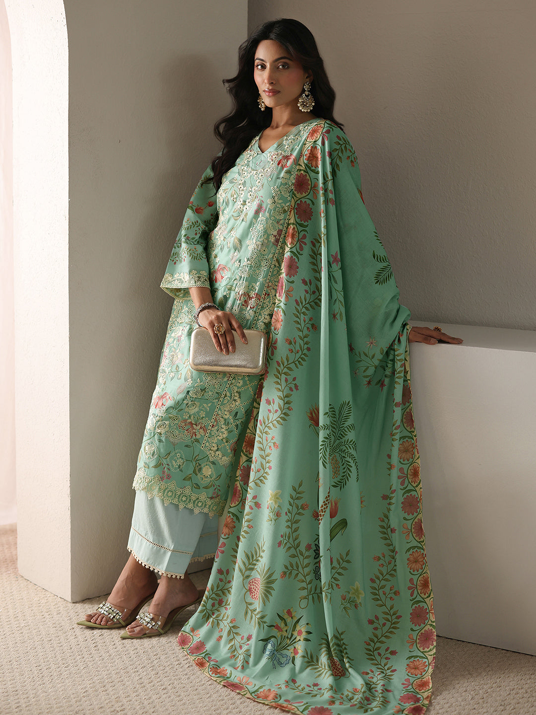 Green Floral Embroidered Cotton Blend Straight Suit Set With Dupatta