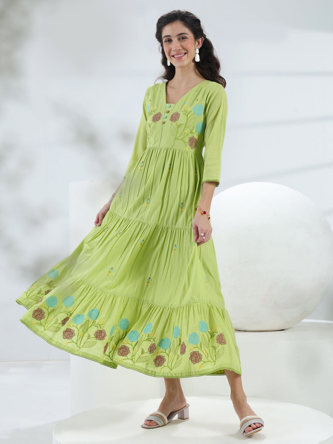 Buy Libas Green Floral Embroidered Cotton Fit-And-Flare One-Piece Dress Online in United States at $38.00