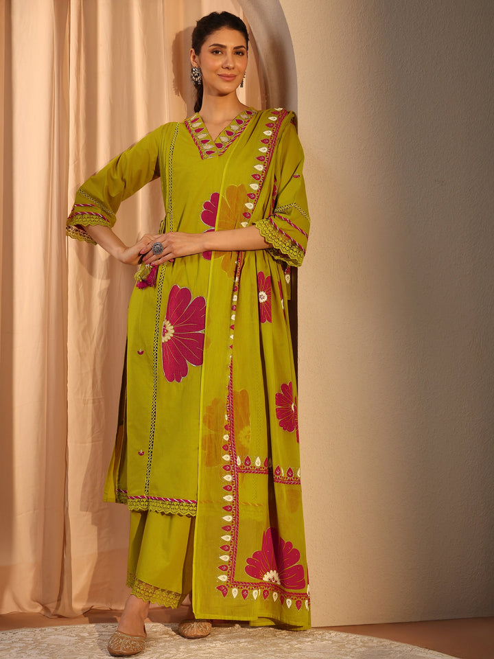 Green Floral Embroidered Cotton Straight Suit Set With Dupatta