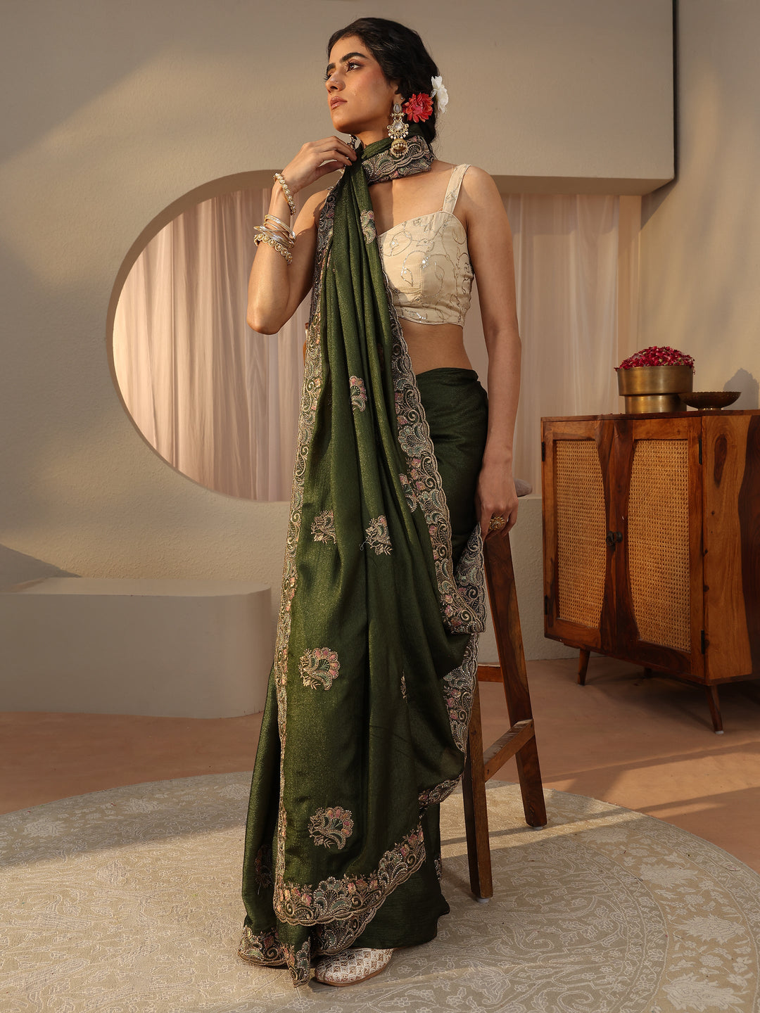 Green Floral Embroidered Glossy Chiffon Saree