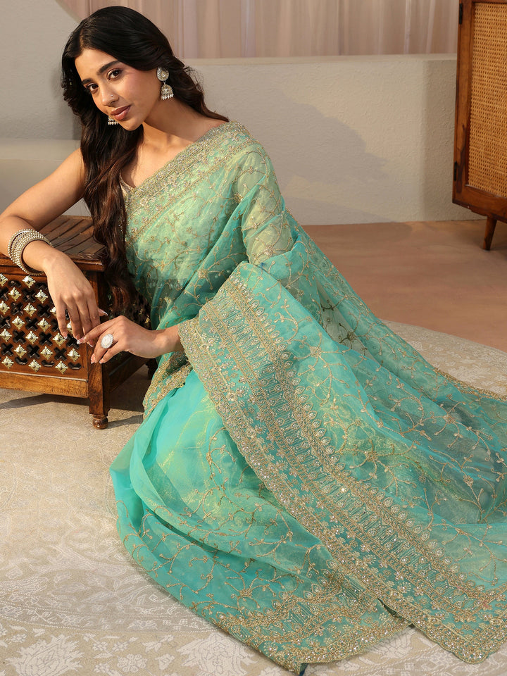 Green Floral Embroidered Glossy Net Saree