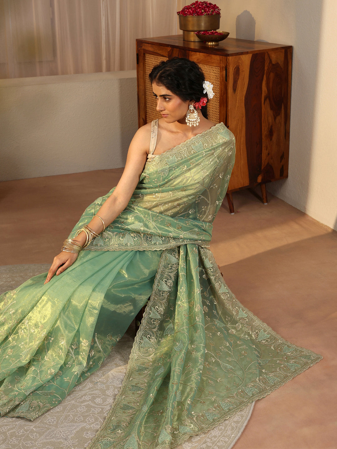 Green Floral Embroidered Glossy Net Saree