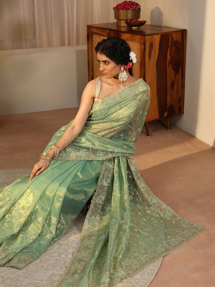Green Floral Embroidered Glossy Net Saree