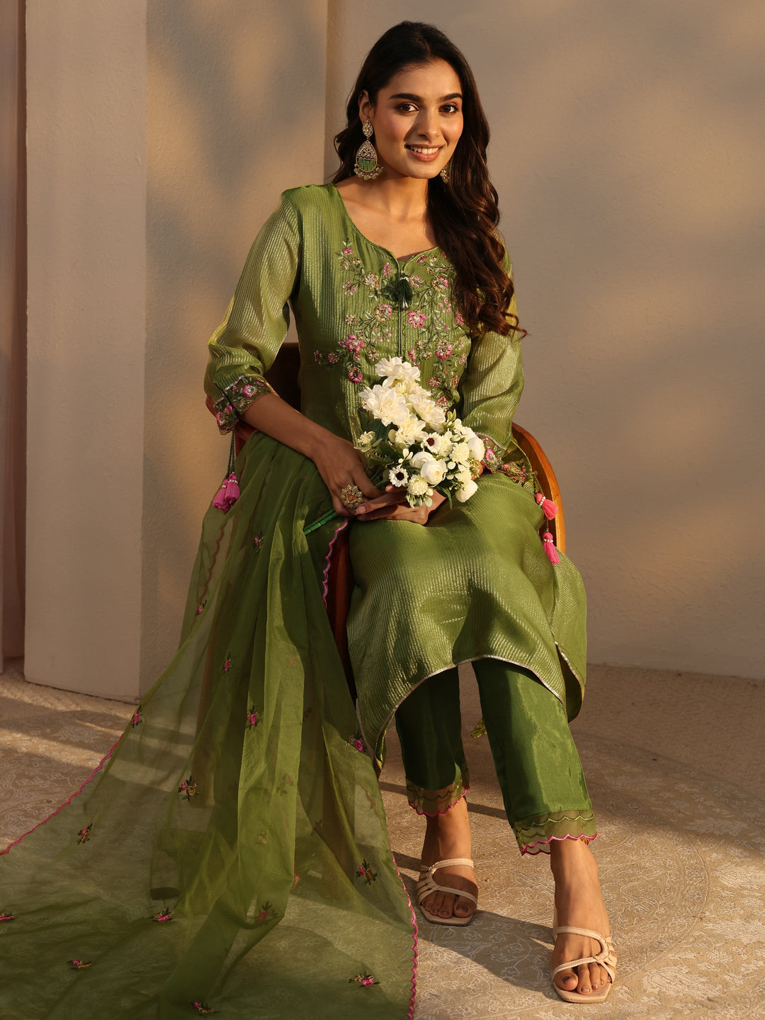 Green Floral Embroidered Organza A-Line Suits Set With Dupatta