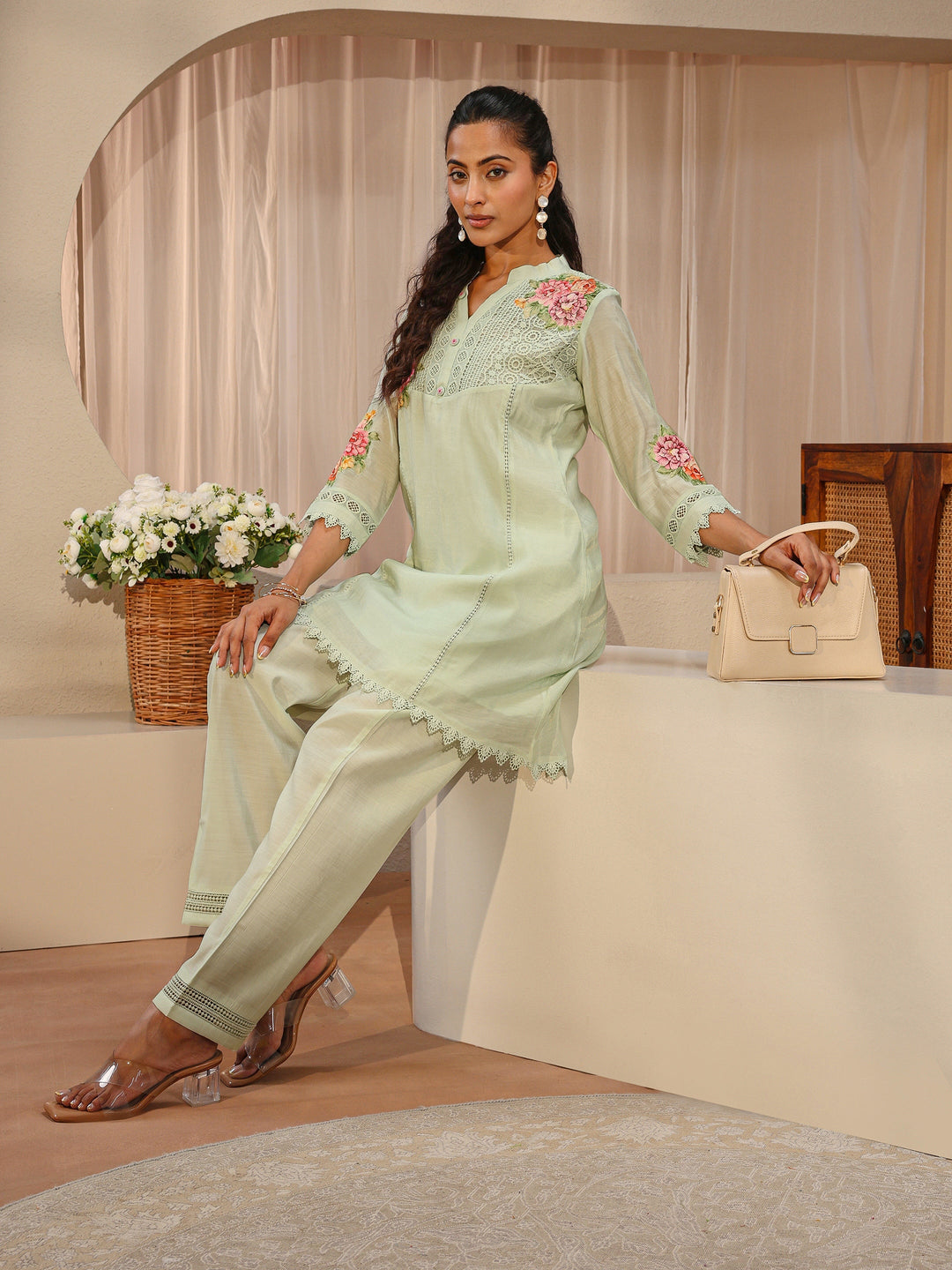 Green Floral Embroidered Silk Blend A-Line Kurta Set