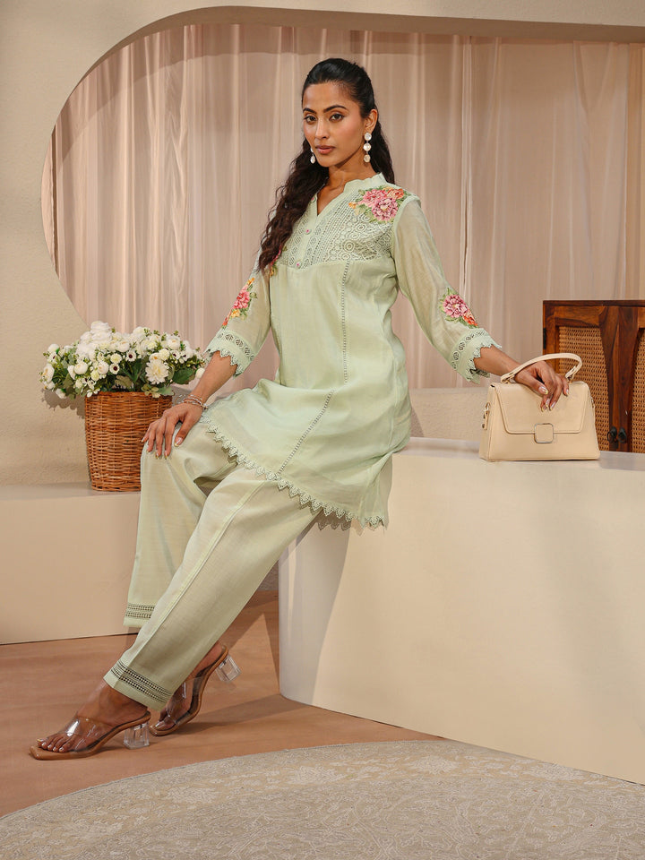 Green Floral Embroidered Silk Blend A-Line Kurta Set
