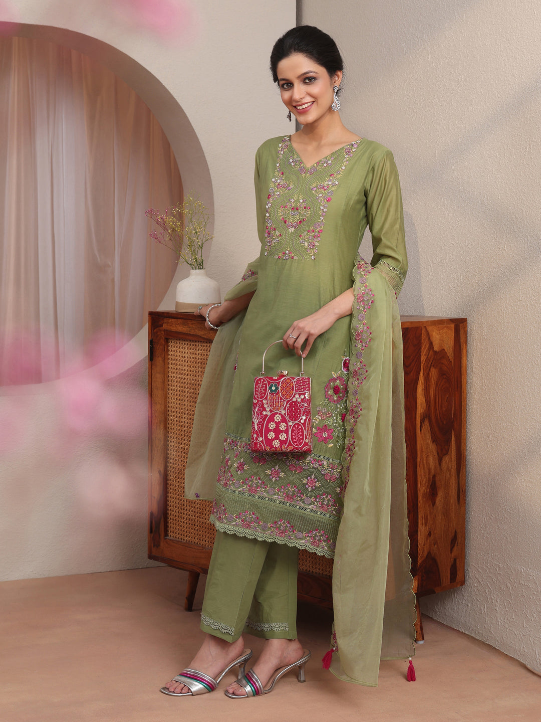 Green Floral Embroidered Silk blend A-Line Suit Set