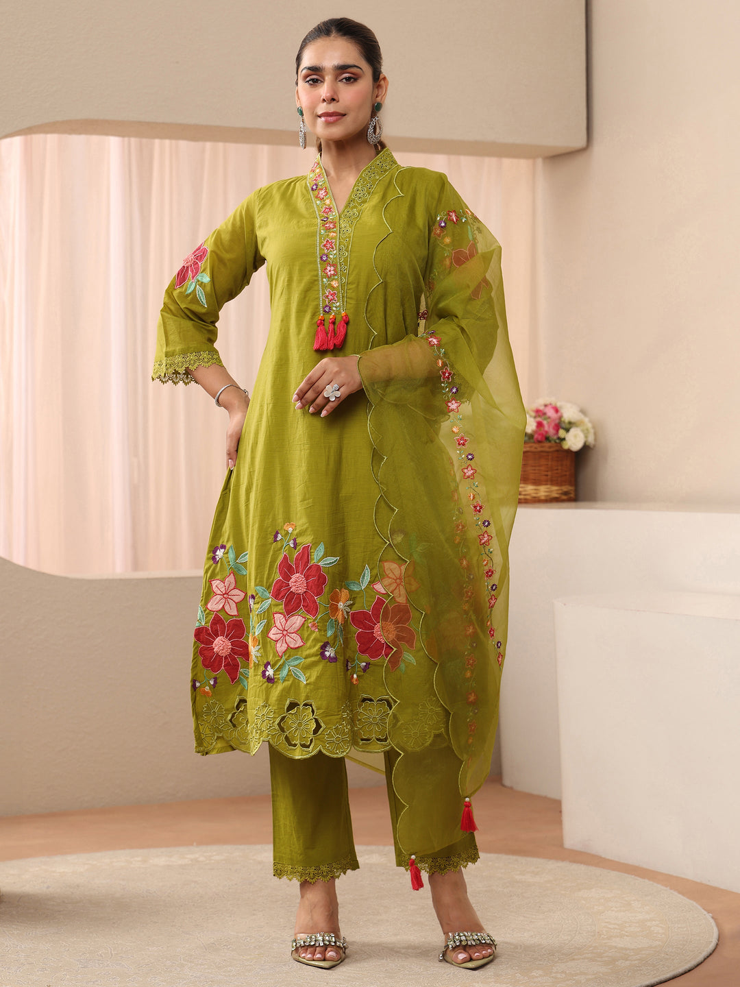 Green Floral Embroidered Silk Blend A-Line Suit Set