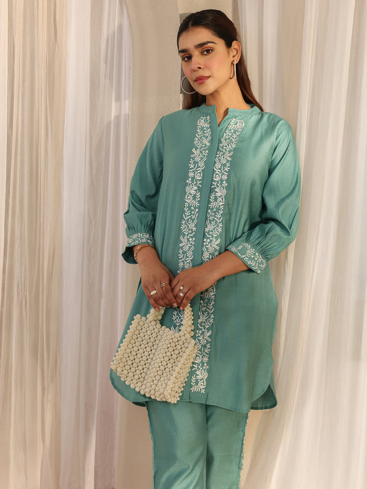 Green Floral Embroidered Silk Blend Co-Ord Set