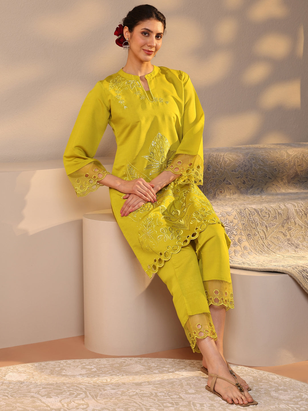 Green Floral Embroidered Silk Blend Co-Ord Set