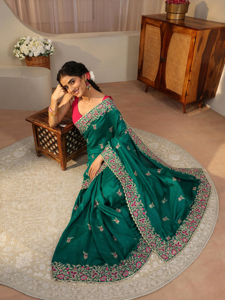 Green Floral Embroidered Silk Blend Saree