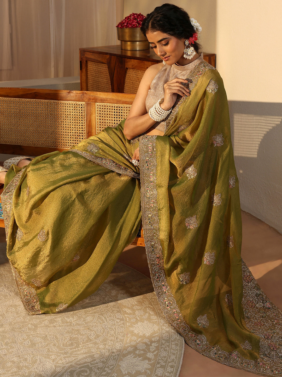 Green Floral Embroidered Tissue Saree