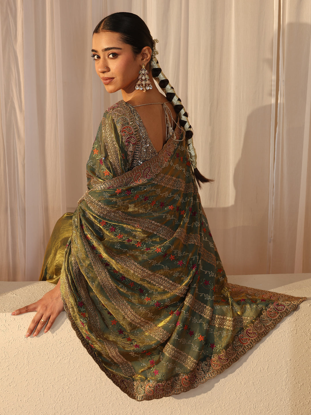 Green Floral Embroidered Tissue Saree