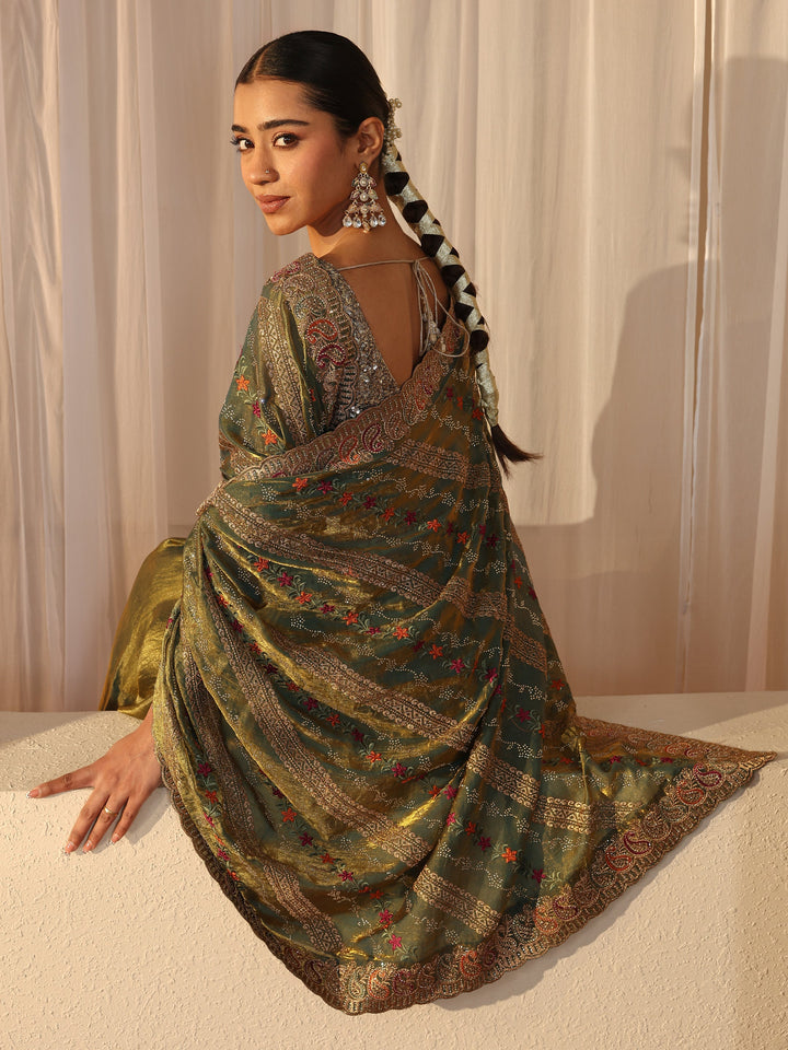 Green Floral Embroidered Tissue Saree