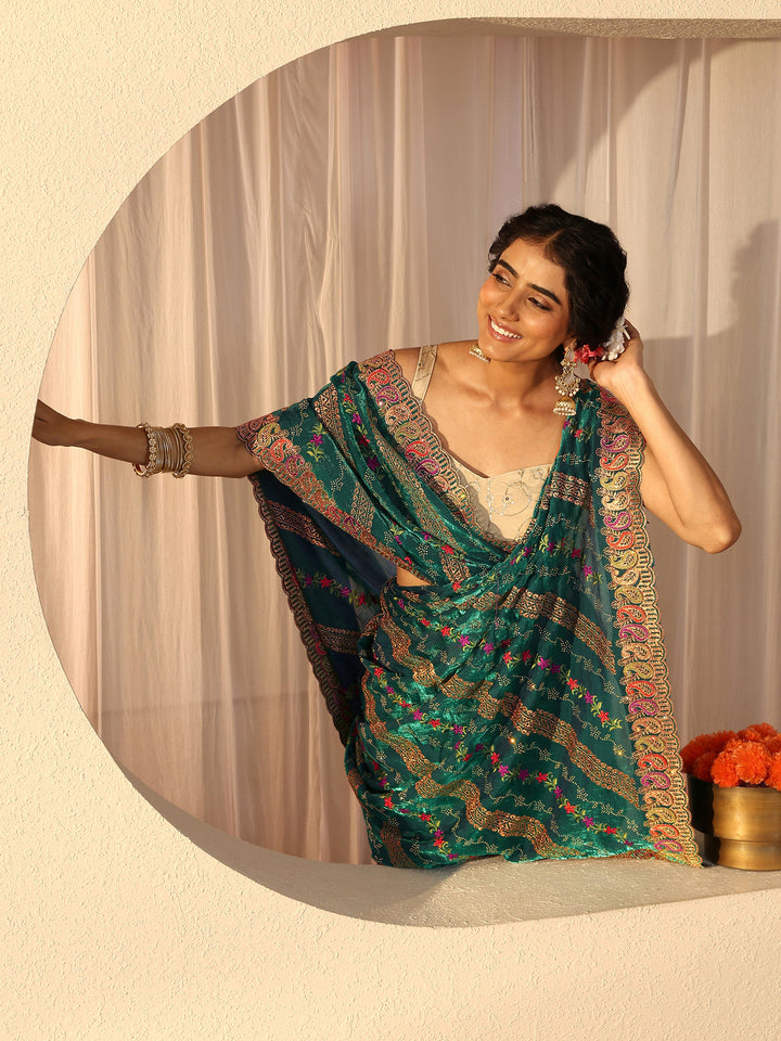 Green Floral Embroidered Tissue Saree