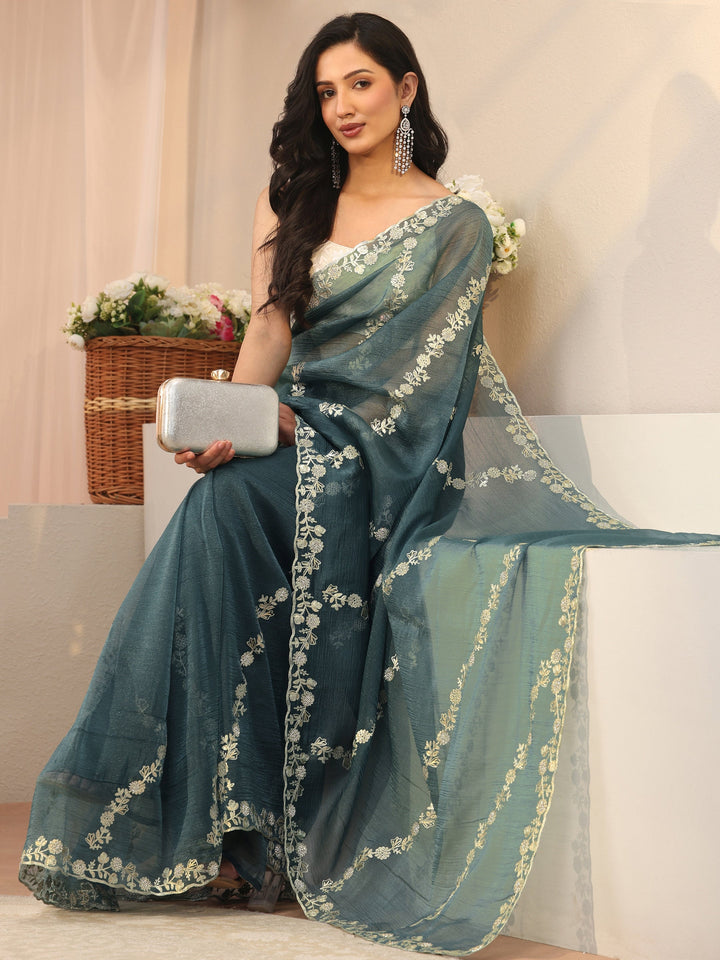 Green Floral Embroidered Tissue Saree