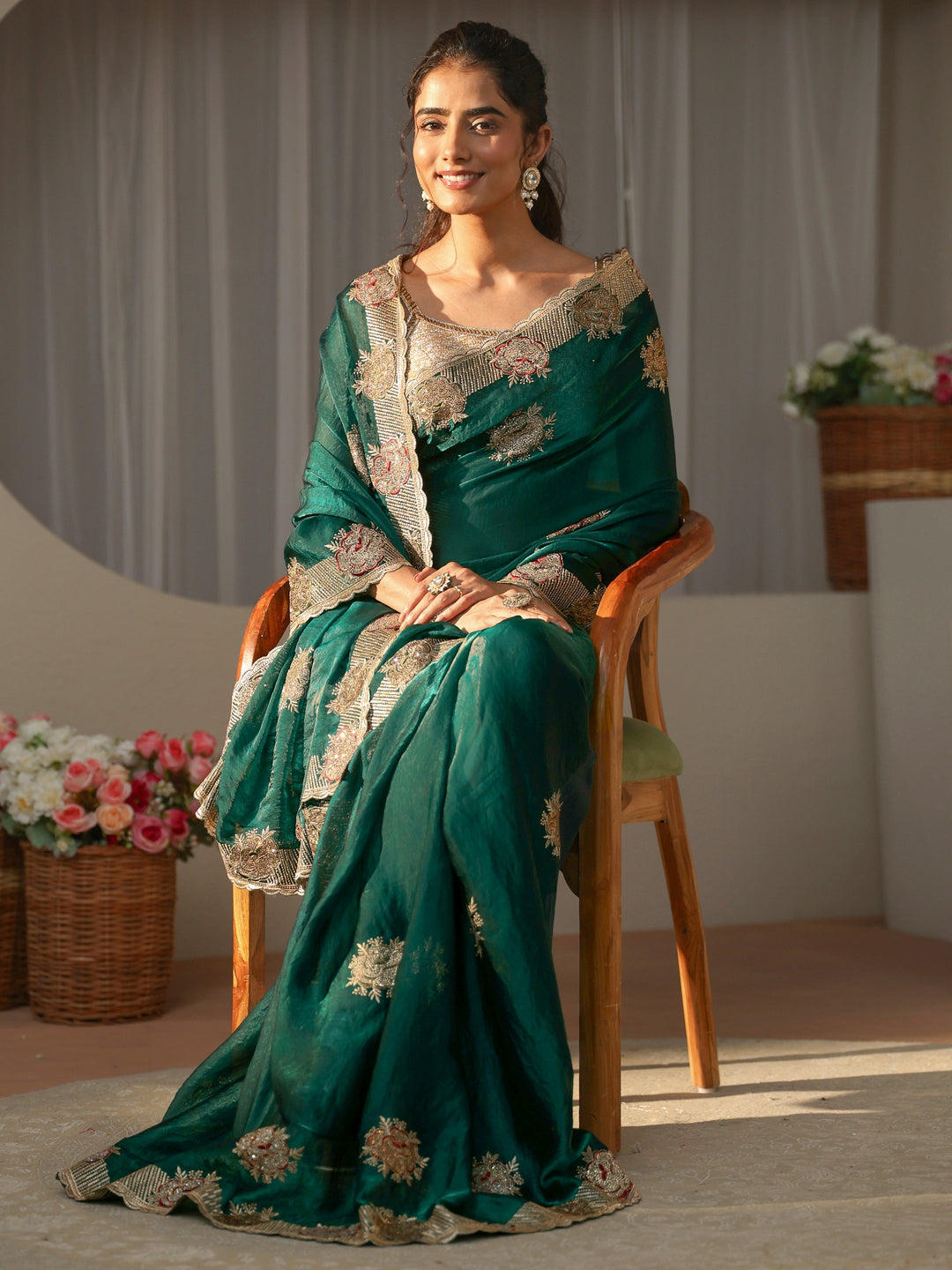 Green Floral Embroidered Tissue Saree
