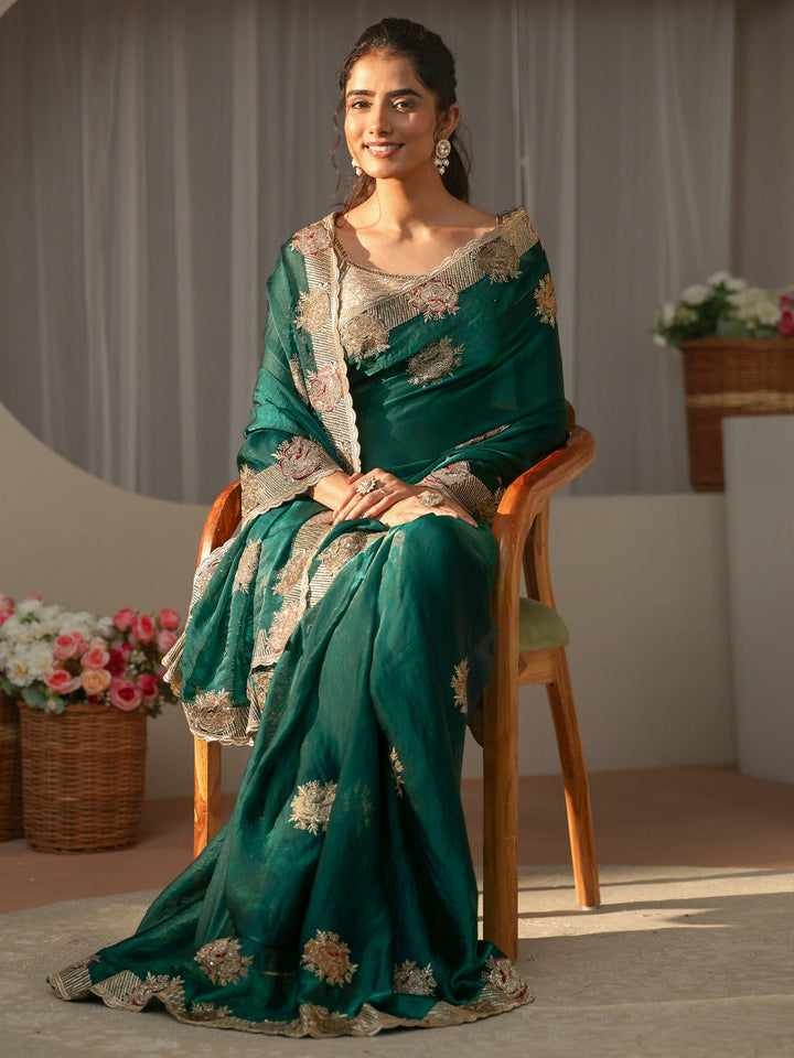 Green Floral Embroidered Tissue Saree