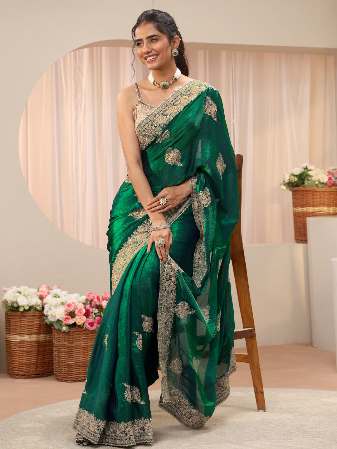 Green Floral Embroidered Tissue Saree