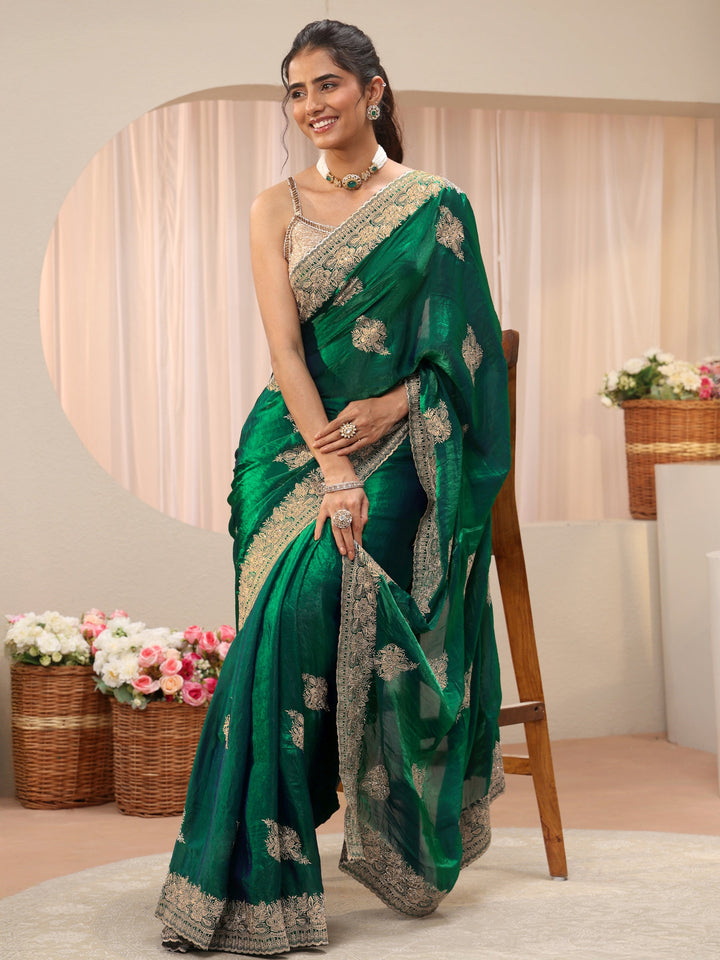 Green Floral Embroidered Tissue Saree