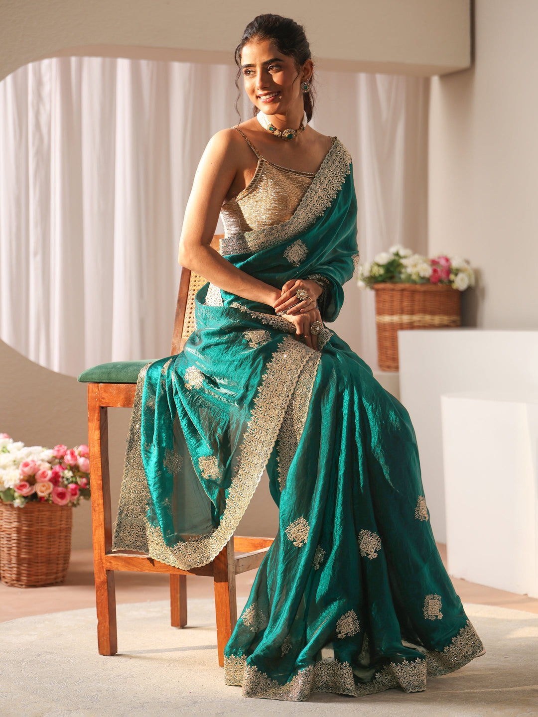 Green Floral Embroidered Tissue Saree