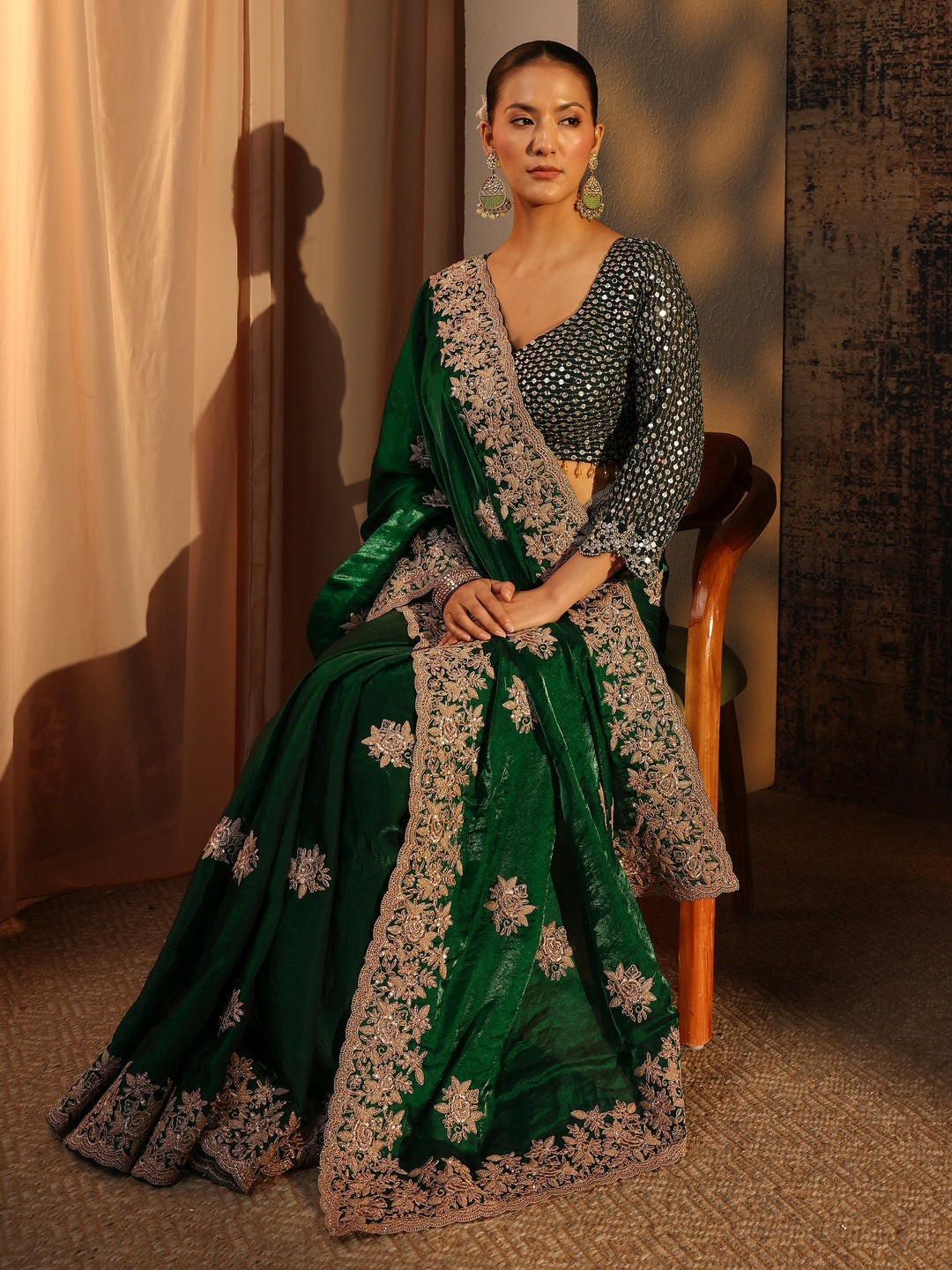 Green Floral Embroidered Tissue Saree With Unstitched Blouse Piece