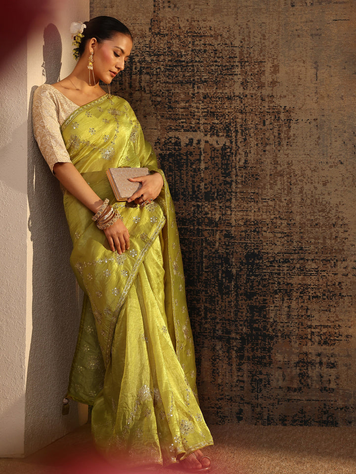 Green Floral Embroidered Tissue Saree With Unstitched Blouse Piece