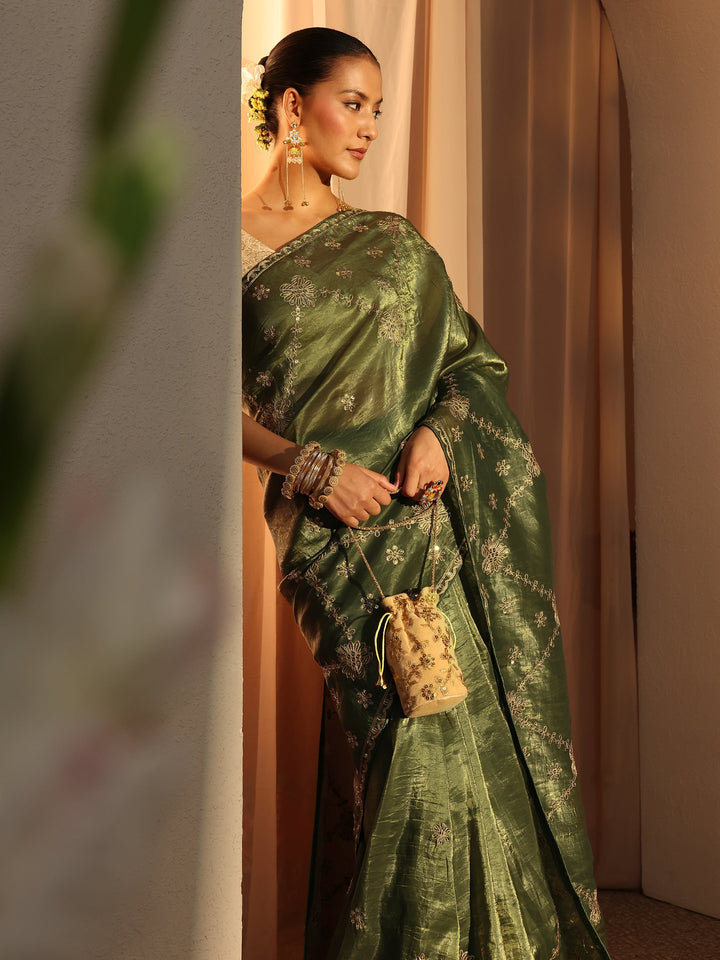 Green Floral Embroidered Tissue Saree With Unstitched Blouse Piece